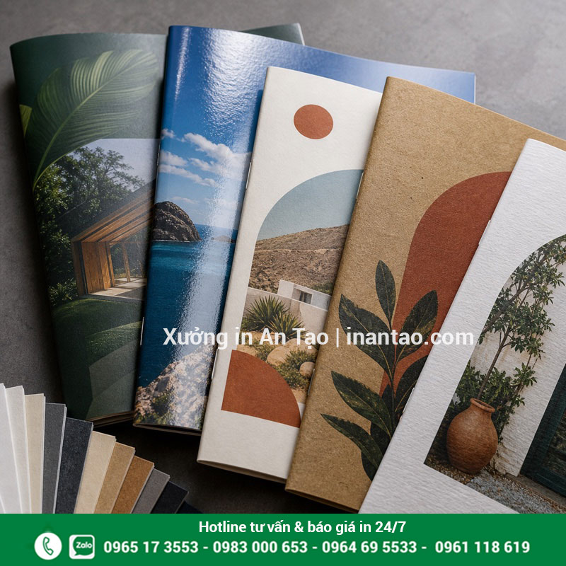 Chọn chất liệu giấy in brochure phù hợp Mẫu giấy Couche, Kraft và giấy mỹ thuật in brochure