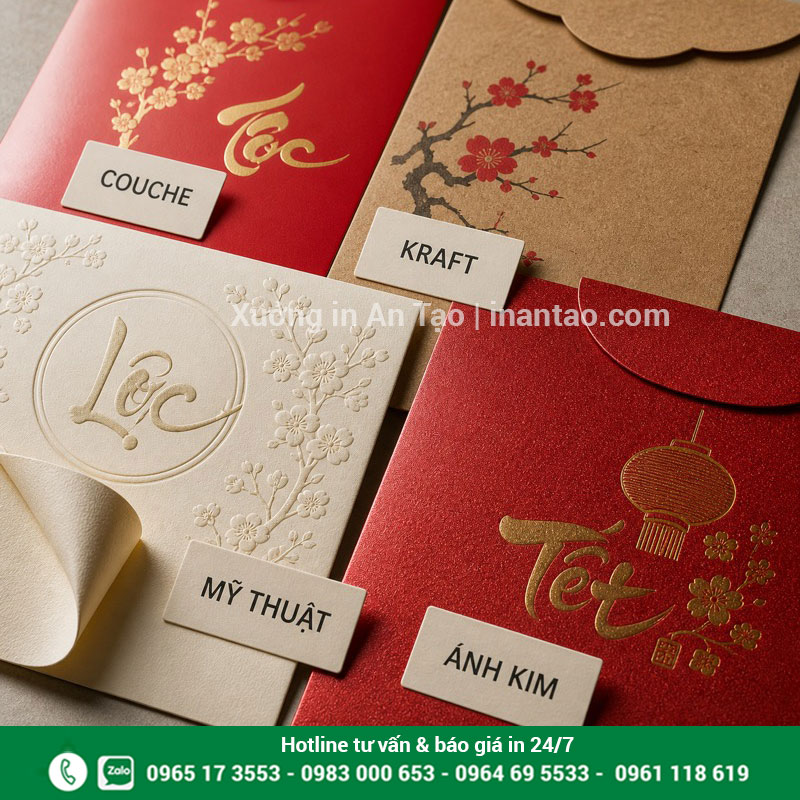 Chất liệu giấy in bao lì xì theo yêu cầu Các chất liệu giấy dùng in bao lì xì gồm Couche Kraft mỹ thuật và ánh kim