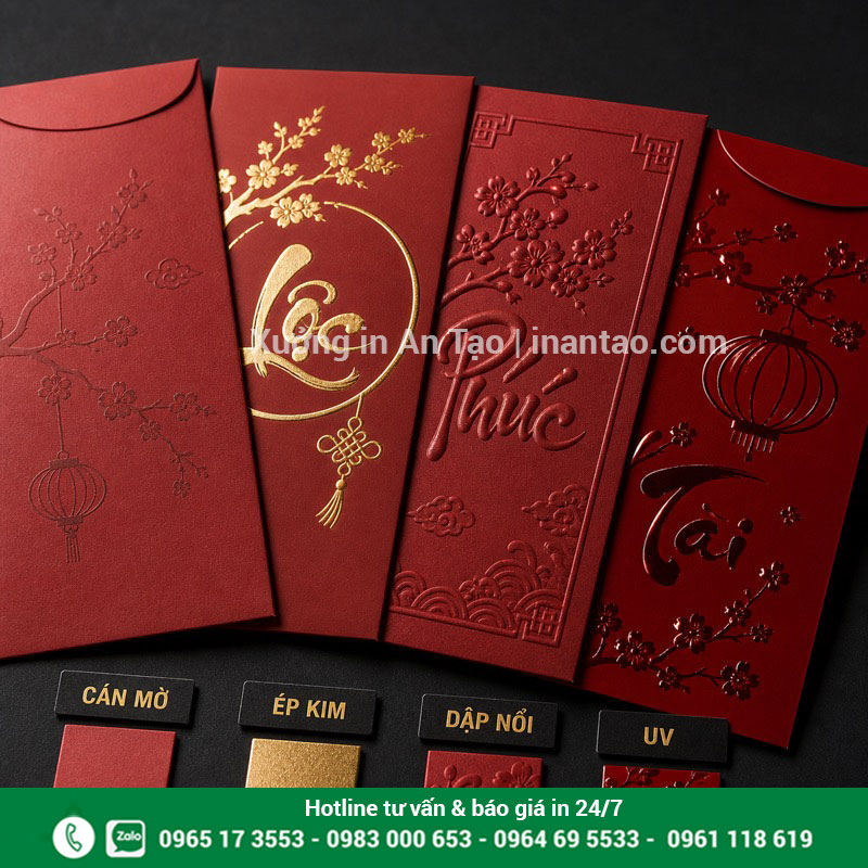 Gia công bao lì xì cao cấp sau in Mẫu in bao lì xì ép kim dập nổi UV và cán mờ