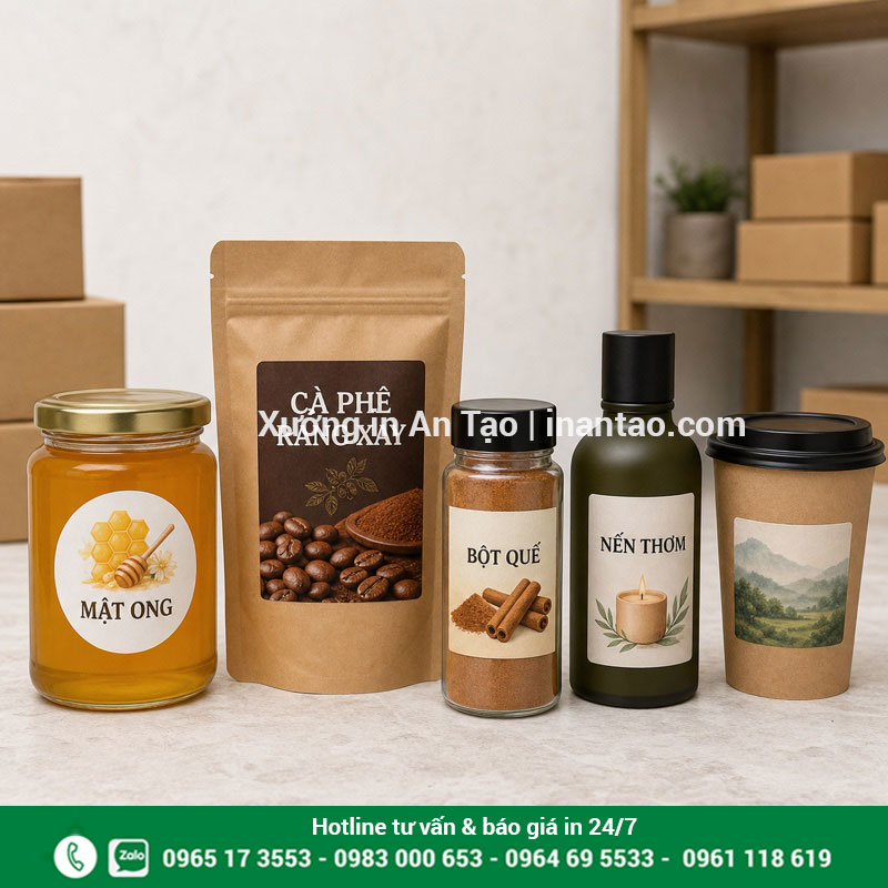 Mẫu in decal tem nhãn sản phẩm hoàn chỉnh In decal tem nhãn dán hũ mật ong, túi cà phê và chai mỹ phẩm