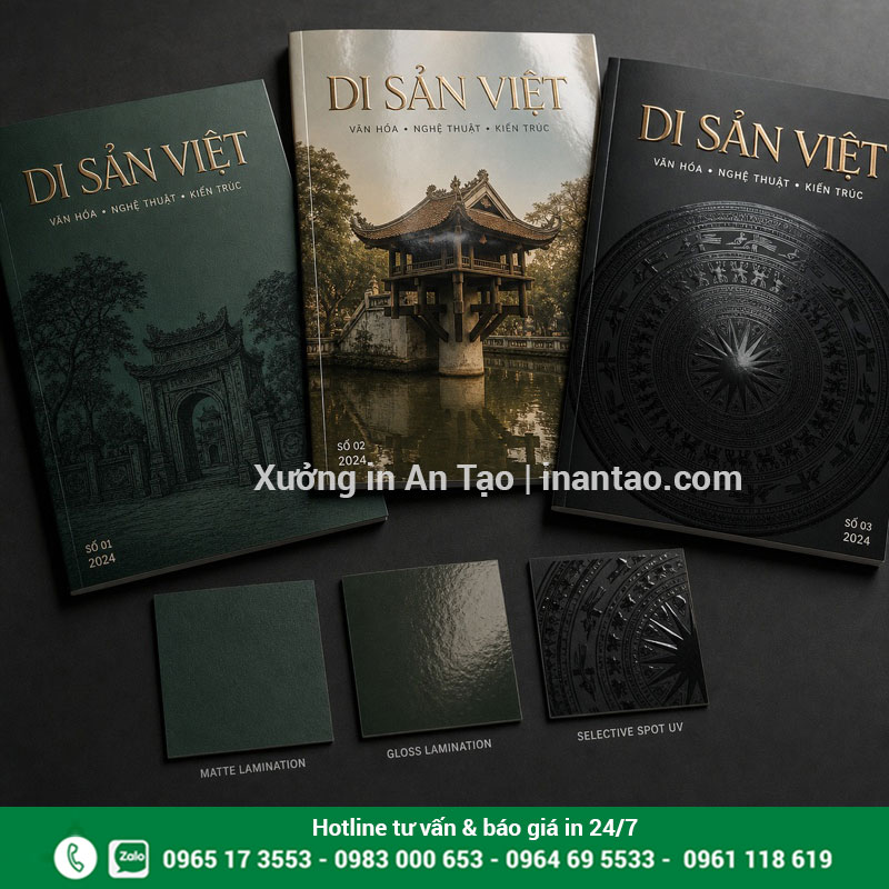 Gia công bìa in tạp chí cao cấp Mẫu in tạp chí cao cấp với bìa cán mờ cán bóng và phủ UV