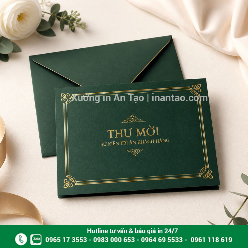 In thiệp mời sự kiện đẹp theo yêu cầu In thiệp mời sự kiện ép kim màu xanh lá kèm phong bì