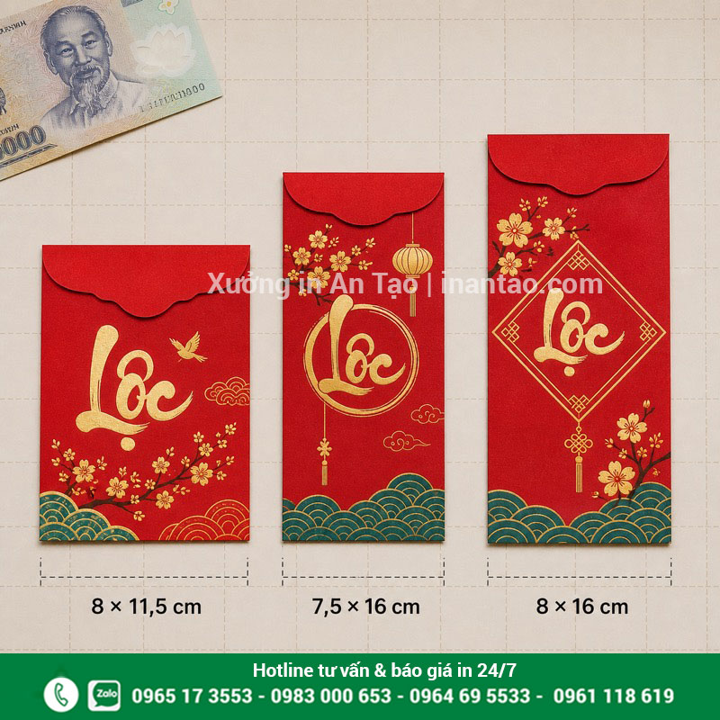 Kích thước in bao lì xì thông dụng So sánh kích thước in bao lì xì phổ biến 8 x 16 cm và 7,5 x 16 cm