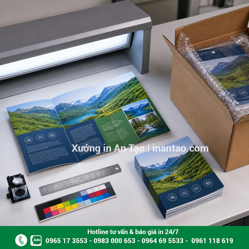 Kiểm tra chất lượng brochure trước khi giao Kiểm tra màu sắc, nếp gấp và đóng gói brochure