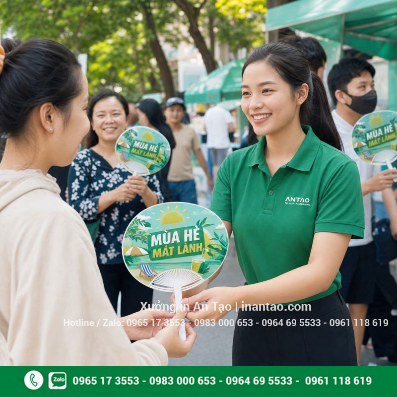 Quạt nhựa quảng cáo ứng dụng tại sự kiện Quạt nhựa quảng cáo được phát cho khách tại sự kiện ngoài trời