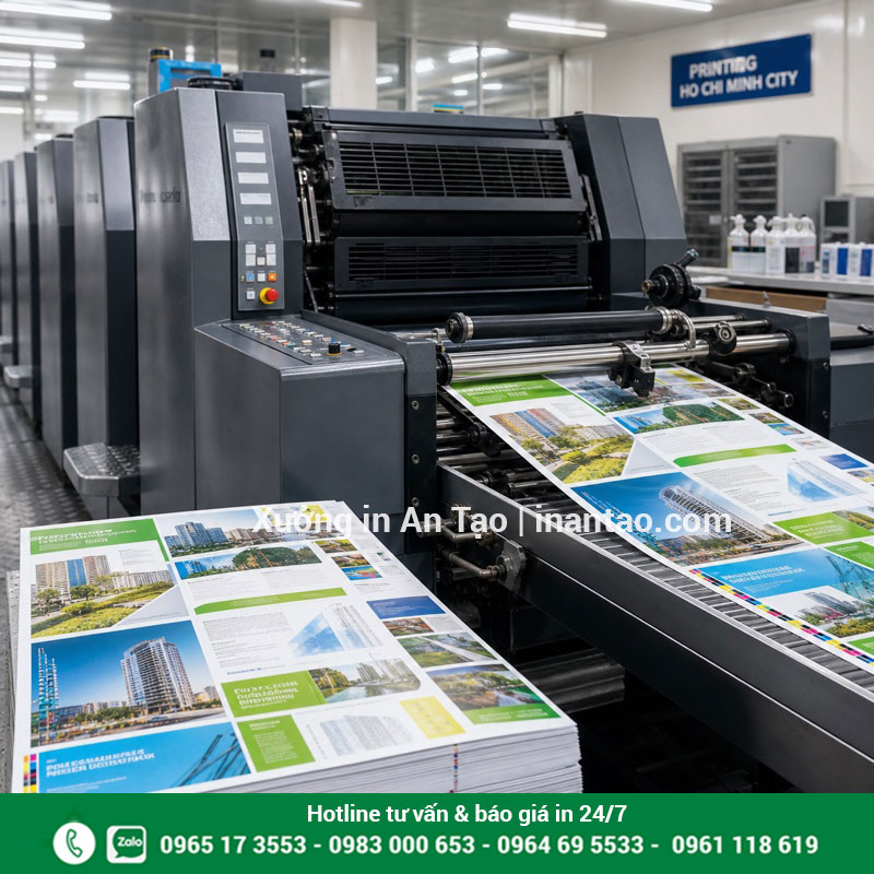 Quy trình in brochure offset số lượng lớn Máy offset đang in tờ brochure nhiều màu