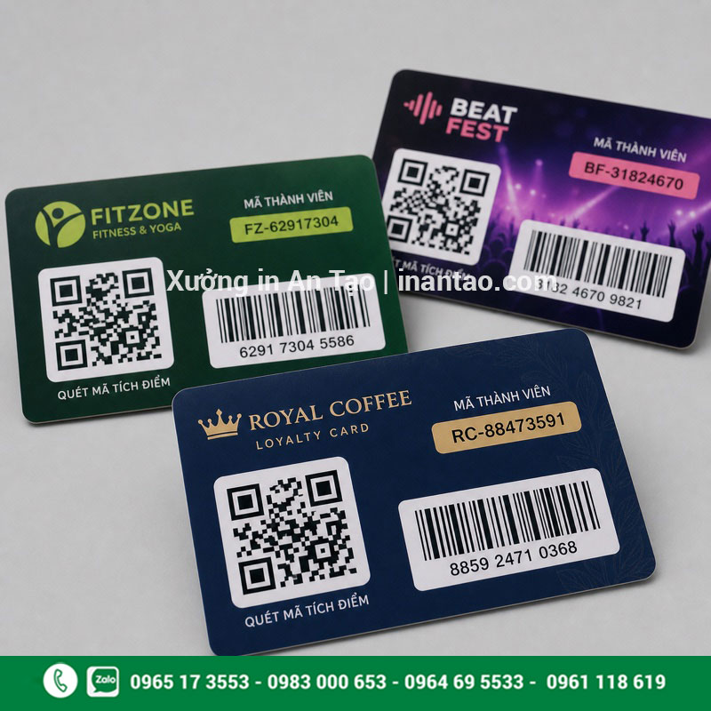 In thẻ nhựa tích hợp QR code và barcode Thẻ nhựa in QR code và mã vạch quản lý thành viên
