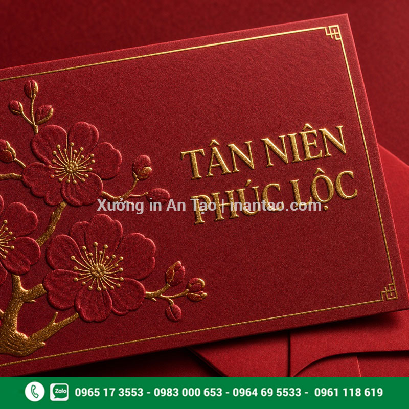 Thiệp chúc Tết ép kim cao cấp Thiệp chúc Tết đẹp màu đỏ ép kim và dập nổi hoa mai