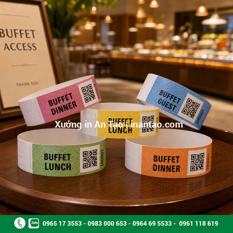 In vòng đeo tay cho buffet phân màu gói dịch vụ Vòng đeo tay quản lý khách tham gia buffet theo khung giờ