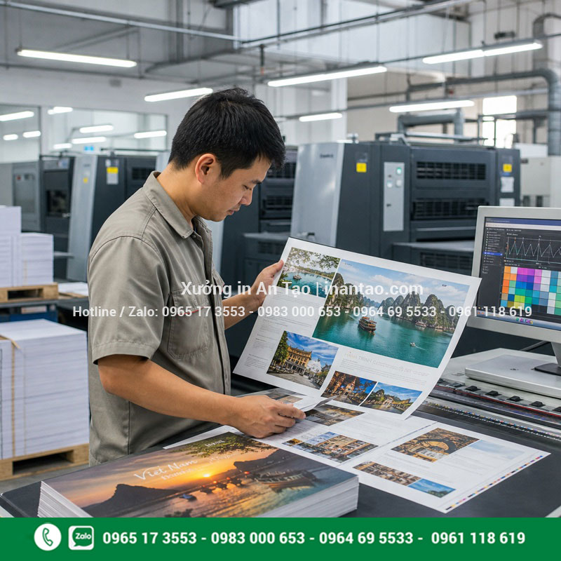 Xưởng in catalogue tại Thành phố Hồ Chí Minh Kỹ thuật viên tại xưởng in catalogue kiểm tra màu