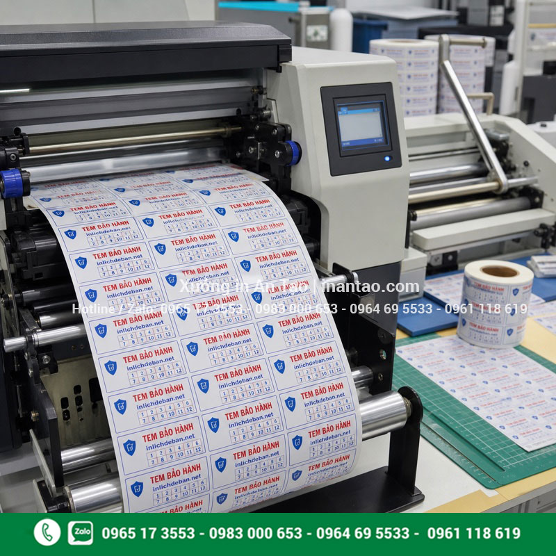 Xưởng in tem bảo hành theo yêu cầu Máy tại xưởng in tem bảo hành đang sản xuất tem cuộn
