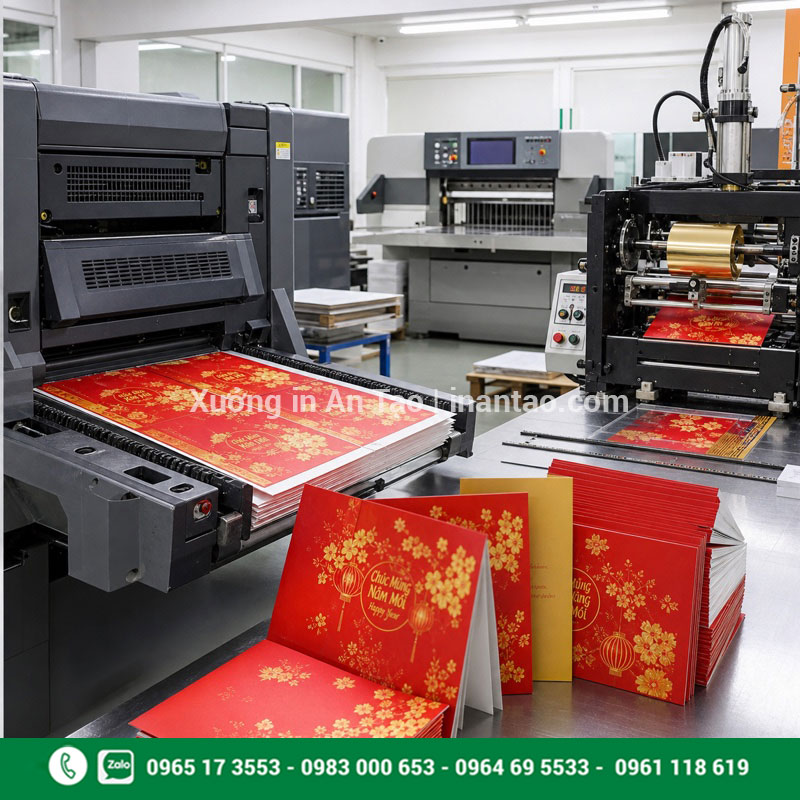 Quy trình sản xuất thiệp chúc mừng tại xưởng Xưởng in thiệp chúc mừng bằng máy in và máy ép kim