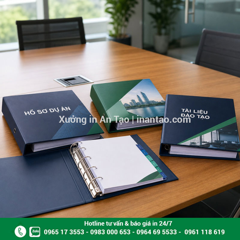 Bìa còng dùng cho hồ sơ doanh nghiệp Bìa còng đựng hồ sơ dự án và tài liệu đào tạo trên bàn họp
