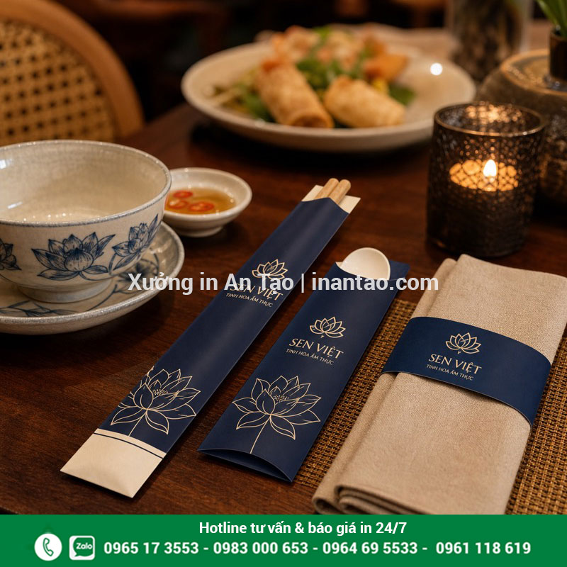 Thiết kế bao đũa bao muỗng đồng bộ thương hiệu Bộ bao đũa và bao muỗng in đồng bộ cho nhà hàng