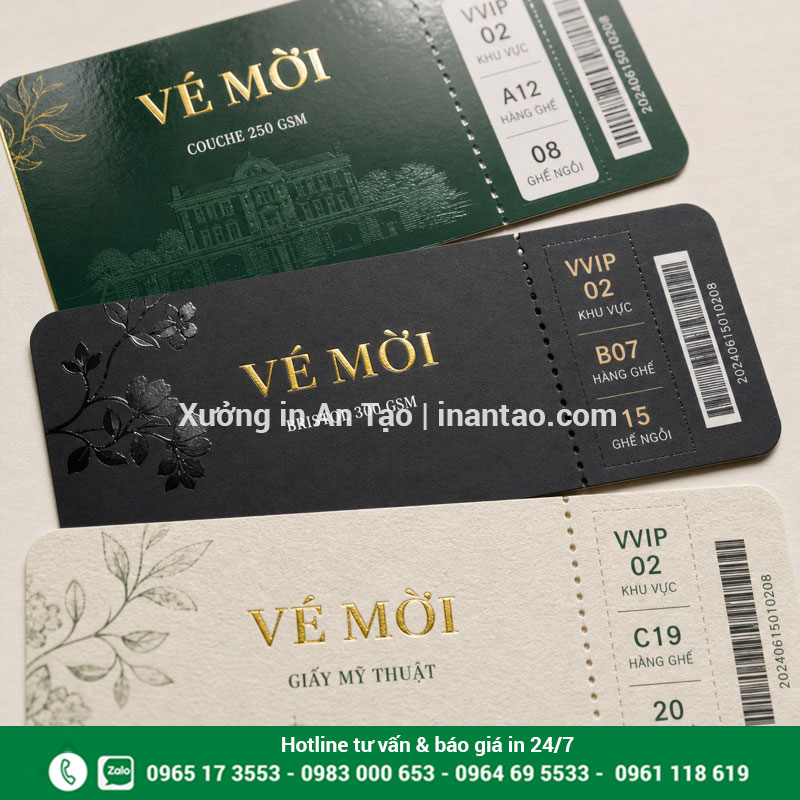 Chất liệu và gia công vé sự kiện cao cấp Mẫu giấy Couche Bristol và giấy mỹ thuật dùng in vé sự kiện