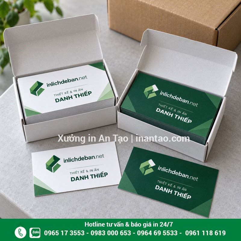 Danh thiếp thành phẩm đóng hộp trước khi giao Danh thiếp xanh trắng thành phẩm xếp trong hộp giấy bảo vệ
