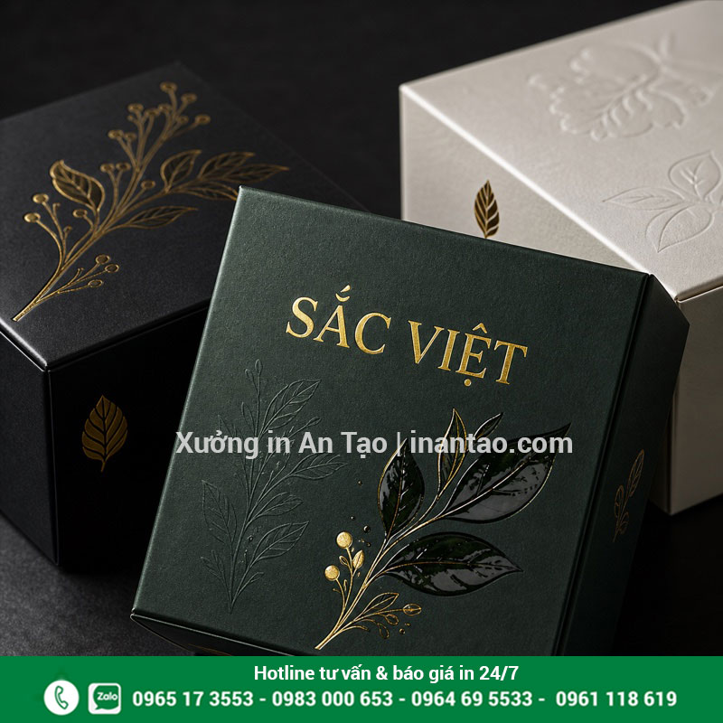 Gia công hộp giấy cao cấp sau in Hộp giấy cán mờ ép kim dập nổi và phủ UV