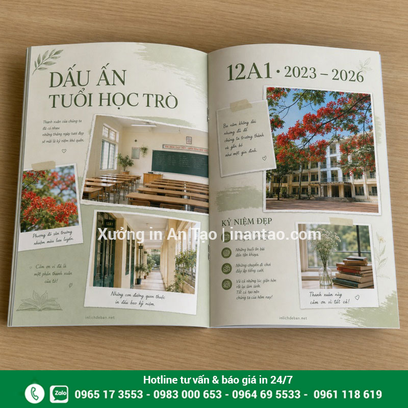 Mẫu dàn trang ảnh và lời nhắn kỷ yếu lớp Trang ruột kỷ yếu lớp 12A1 phối ảnh lớp học, sân trường và lời lưu niệm