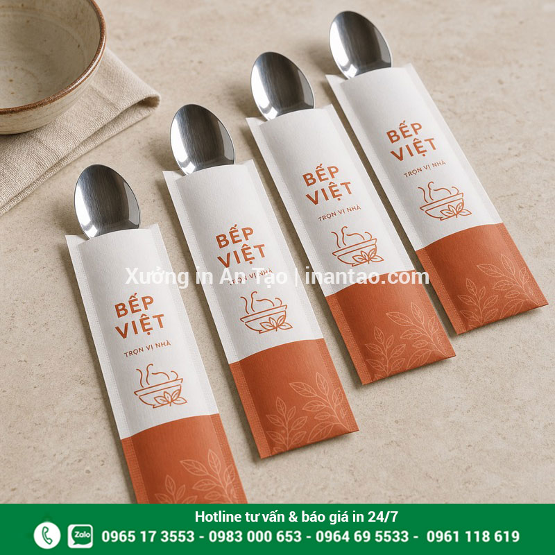 In bao muỗng theo nhận diện thương hiệu Mẫu in bao muỗng giấy cho nhà hàng phong cách hiện đại