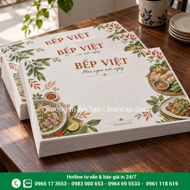 Mẫu in màu giấy lót bàn theo nhận diện nhà hàng Các xấp giấy lót bàn ăn in màu với họa tiết món ăn và thảo mộc