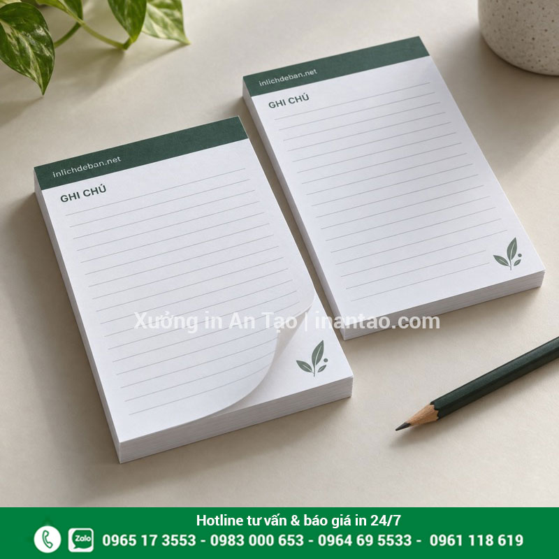Mẫu in giấy note keo gáy 10 × 15 cm Hai tập giấy note keo gáy kẻ dòng, in tên inlichdeban.net trên đầu trang