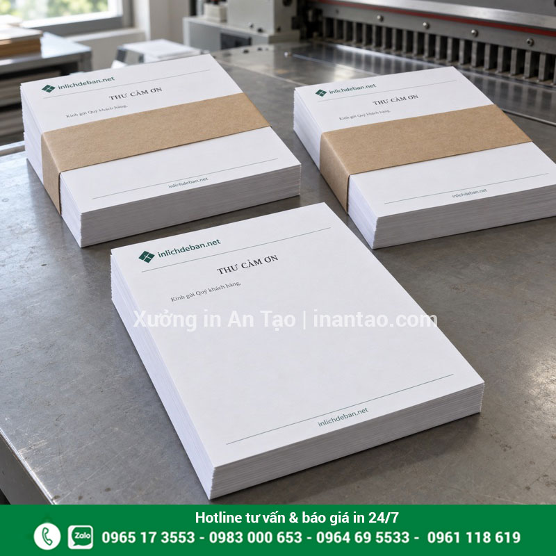 Đóng gói thành phẩm giấy tiêu đề Các xấp giấy tiêu đề đã in được xếp ngay ngắn và đóng đai giấy để giao nhận