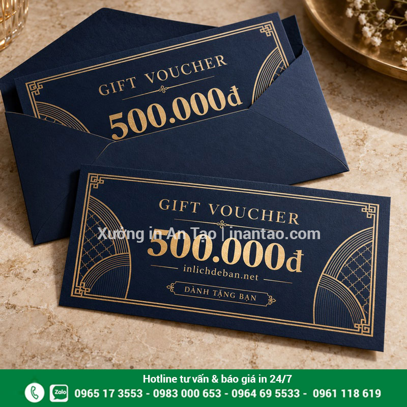 Gift voucher kèm phong bì sang trọng Gift voucher xanh navy mệnh giá 500.000 đồng kèm phong bì đồng bộ