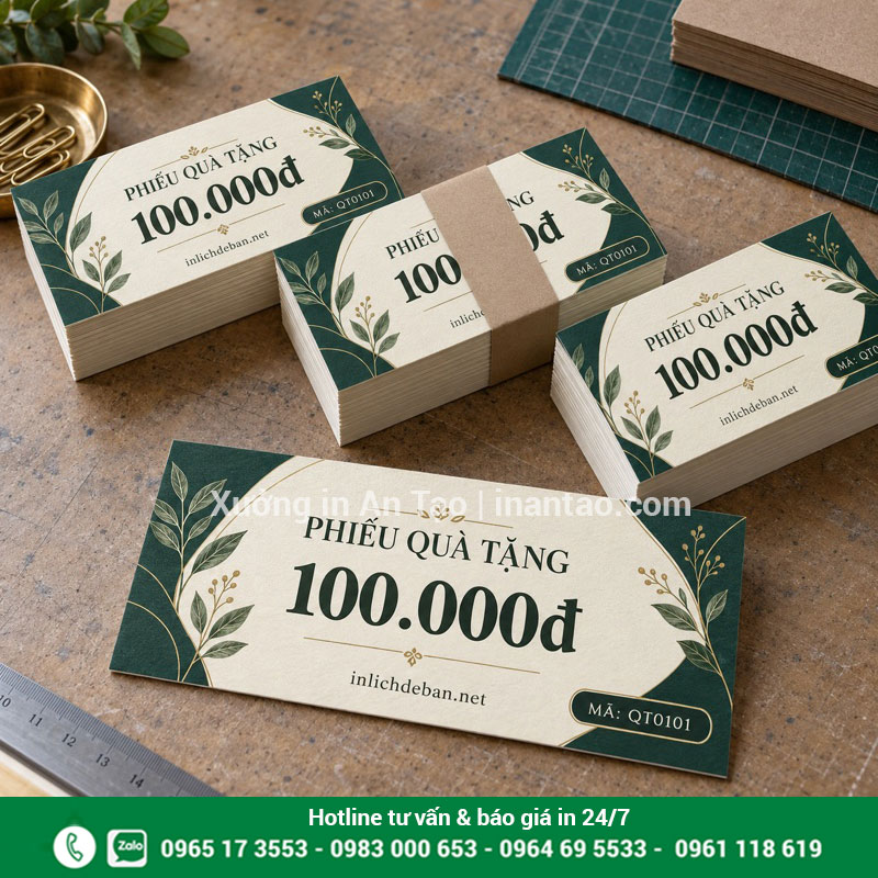 Phiếu quà tặng hoàn thiện và đóng tập Các tập phiếu quà tặng xanh kem mệnh giá 100.000 đồng được xếp ngay ngắn