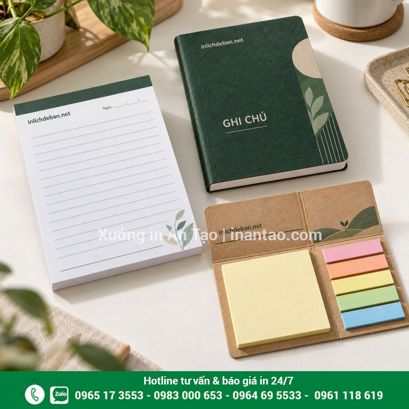 Mẫu in sổ note theo nhận diện thương hiệu Bộ sổ note, tập giấy keo gáy và bìa gập thiết kế xanh lá của inlichdeban.net