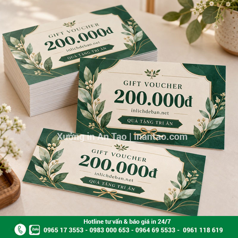 Mẫu in voucher tại inlichdeban.net Mẫu voucher xanh kem mệnh giá 200.000 đồng trên giấy dày
