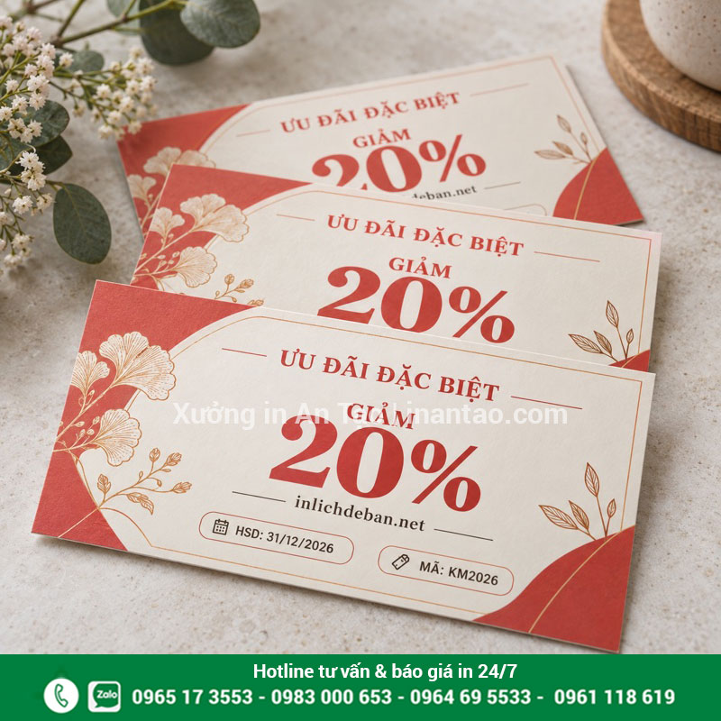 Voucher khuyến mãi có mã và thời hạn rõ ràng Mẫu voucher giảm 20 phần trăm màu đỏ kem có mã chương trình và hạn sử dụng