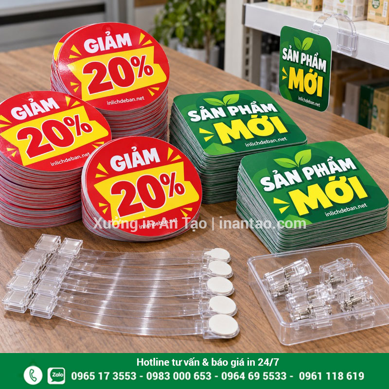 Bộ thành phẩm in wobbler và phụ kiện lắp đặt Các chồng mặt in khuyến mãi đã bế cùng thanh nhựa và kẹp chờ đóng gói