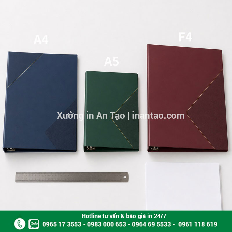 Kích thước bìa còng A4 A5 F4 phổ biến So sánh kích thước bìa còng A4 A5 và F4 trên bàn mẫu