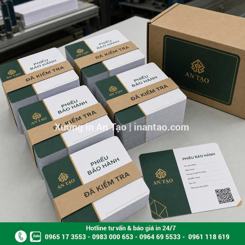 Kiểm tra đóng gói phiếu bảo hành thành phẩm Phiếu bảo hành được kiểm tra và đóng gói trước khi giao
