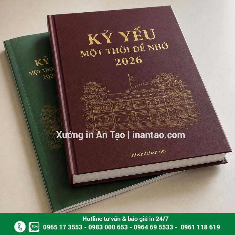 Mẫu bìa kỷ yếu với chữ nhũ vàng Hai cuốn kỷ yếu bìa đỏ và xanh với chữ nhũ vàng cùng hình trường học