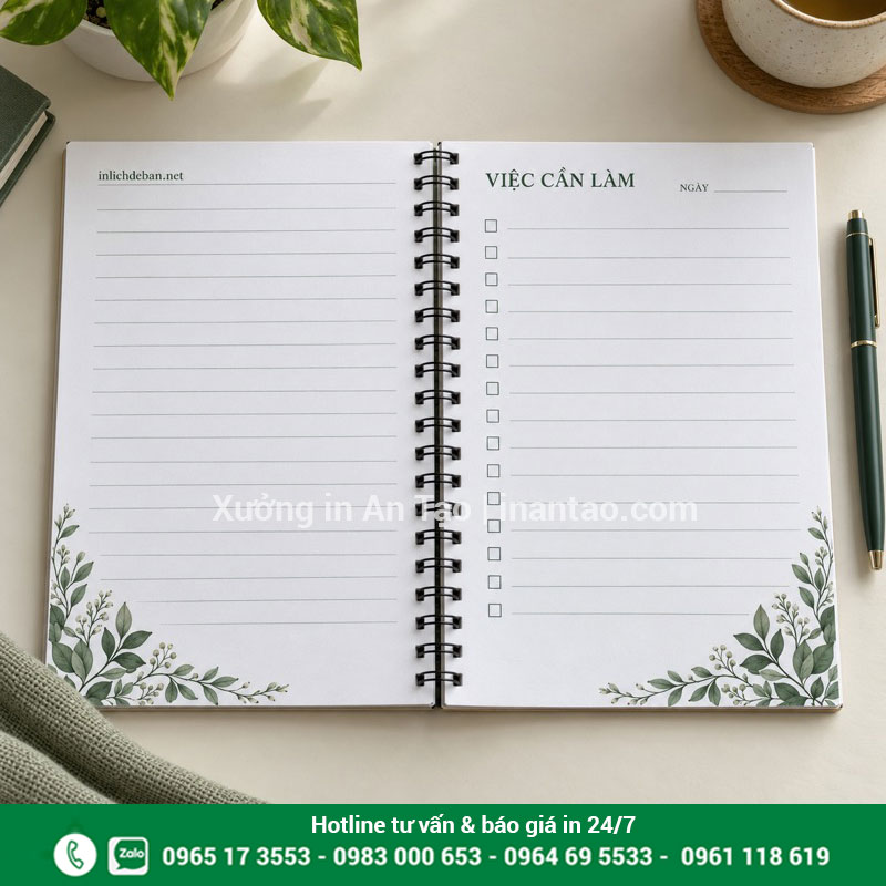 Thiết kế trang ruột sổ ghi chú dễ viết Sổ lò xo mở phẳng với trang kẻ dòng và trang danh sách việc cần làm màu xanh nhạt