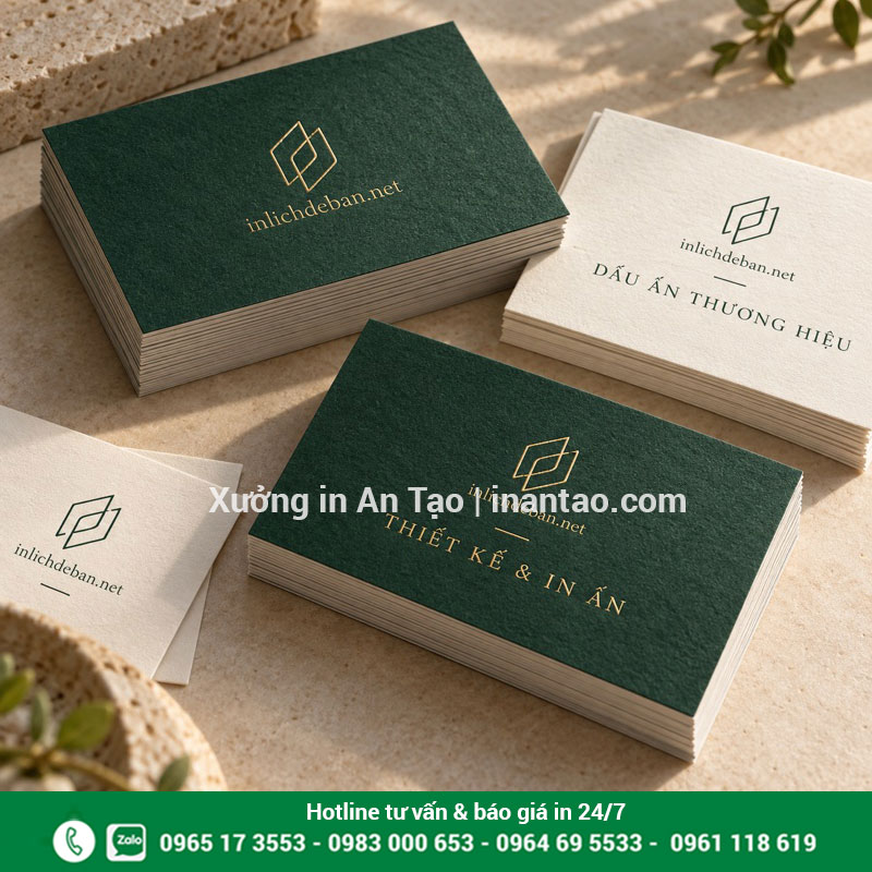 Name card giấy mỹ thuật kết hợp ép kim Mẫu name card xanh đậm ép kim vàng đặt cạnh danh thiếp giấy màu kem