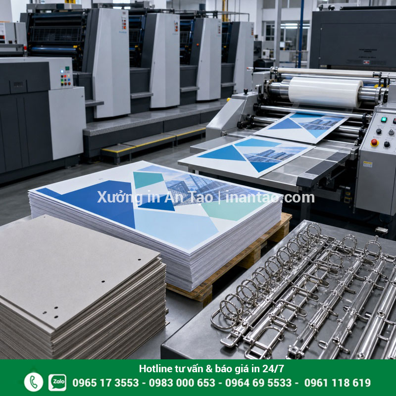 Quy trình sản xuất bìa còng tại xưởng Máy in vật liệu và bộ còng kim loại trong quy trình sản xuất bìa còng