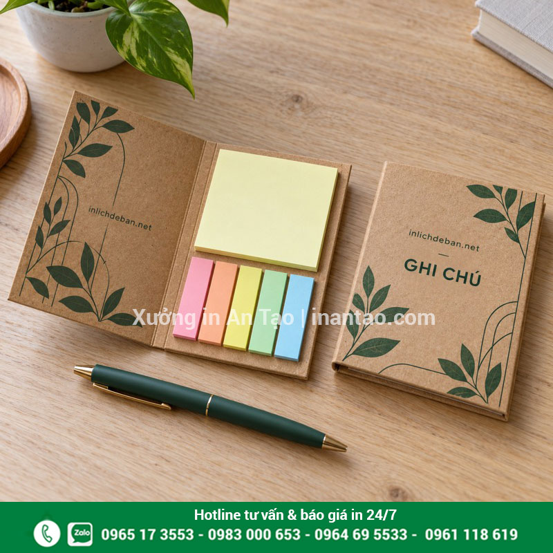 Sổ ghi chú in logo dạng bìa gập làm quà tặng Bộ note bìa kraft in thương hiệu, bên trong có giấy vàng và năm dải đánh dấu