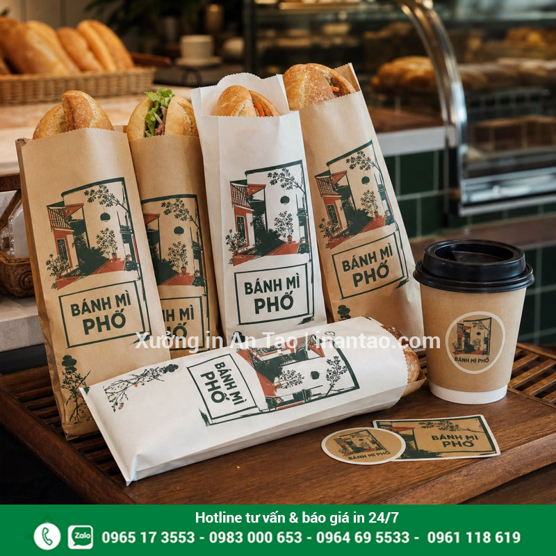 Ứng dụng túi giấy bánh mì trong nhận diện cửa hàng Túi giấy đựng bánh mì in đồng bộ thương hiệu tại quầy bán