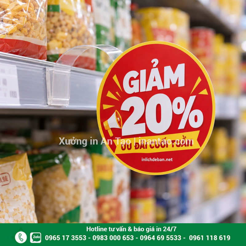 Wobbler siêu thị gắn mép kệ bằng thanh PET Wobbler giảm 20 phần trăm gắn bằng thanh nhựa trong ở mép kệ siêu thị