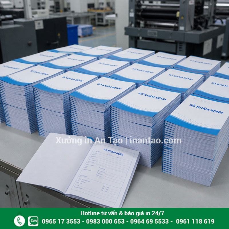 Xưởng in sổ khám bệnh HCM số lượng lớn Các chồng sổ khám bệnh thành phẩm được kiểm tra tại xưởng in TP.HCM